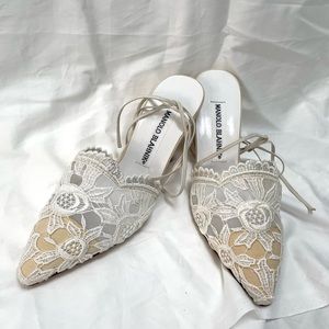 Authentic Vintage Manolo Blahnik white lace with tie straps heels
